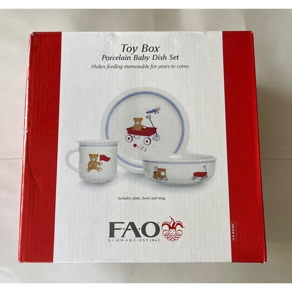 FAO Schwarz Toy Box Porcelain Baby Dish Set 3 Pieces Cup Bowl Plate - Picture 1 of 10